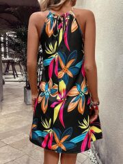 Kadın Omuzlardan Açık çiçek Desenli Boyundan Bağlamalı Süprem Elbise