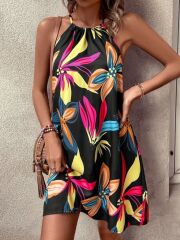 Kadın Omuzlardan Açık çiçek Desenli Boyundan Bağlamalı Süprem Elbise