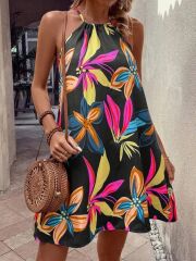 Kadın Omuzlardan Açık çiçek Desenli Boyundan Bağlamalı Süprem Elbise