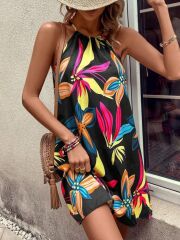 Kadın Omuzlardan Açık çiçek Desenli Boyundan Bağlamalı Süprem Elbise