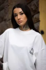 Unisex Bisiklet Yaka Baskılı Oversize T-Shirt - Beyaz