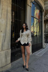 SÜET KRUVAZE BLUZ BAĞLAMA DETAYLI - Taş