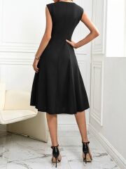 Kadın Kolsuz V Yakalı Midi Ithal Krep Elbise