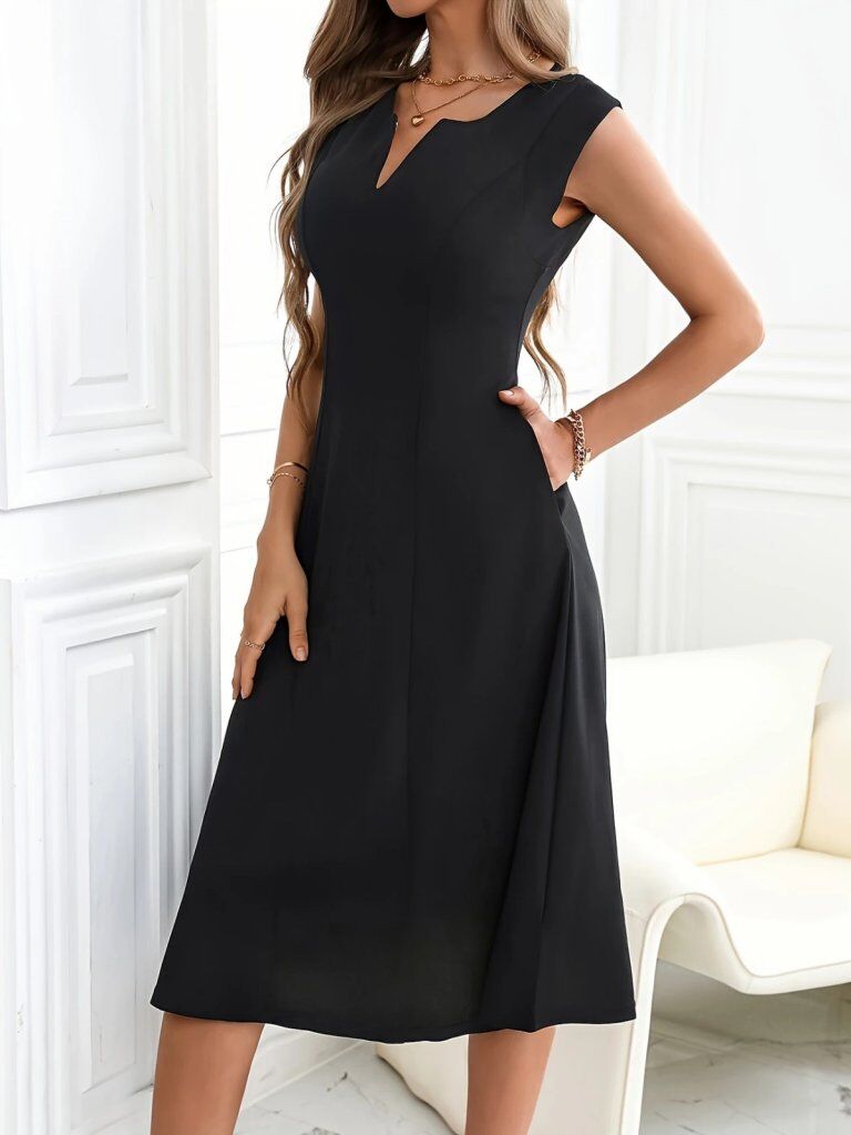 Kadın Kolsuz V Yakalı Midi Ithal Krep Elbise