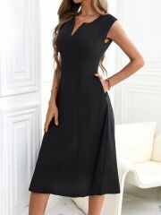 Kadın Kolsuz V Yakalı Midi Ithal Krep Elbise