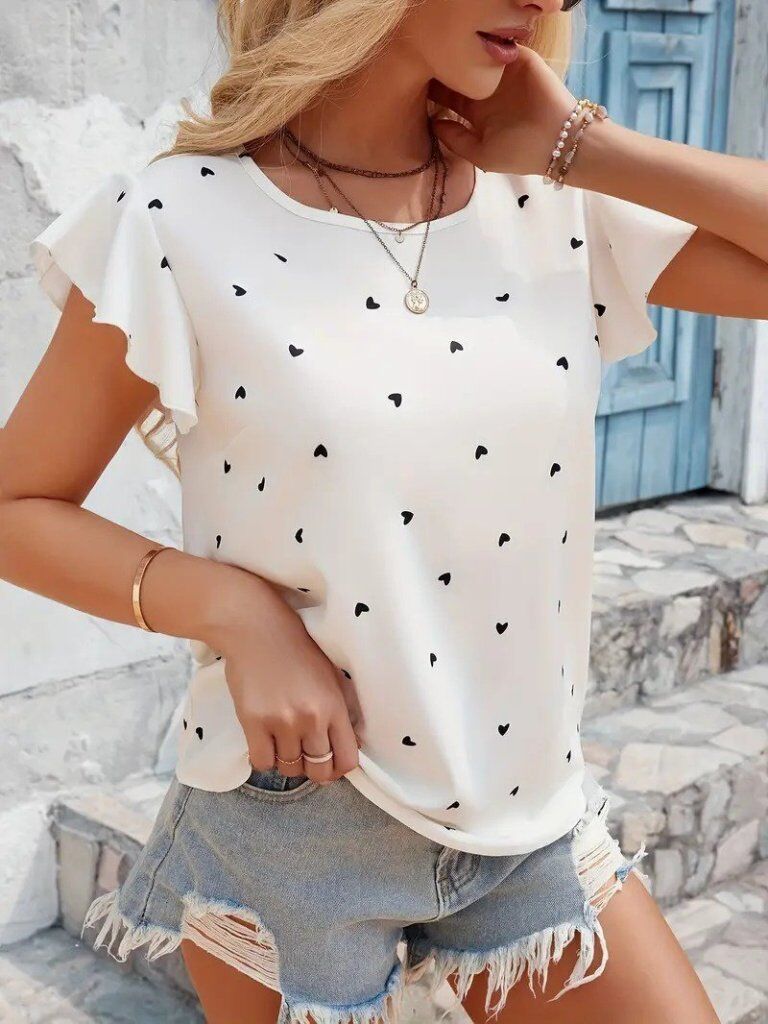 Kadın Kısa Kelebek Kollu Bisiklet Yaka Kalp Desenli Süprem Bluz