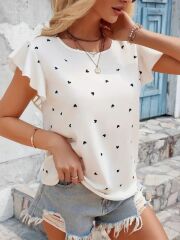 Kadın Kısa Kelebek Kollu Bisiklet Yaka Kalp Desenli Süprem Bluz