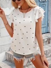 Kadın Kısa Kelebek Kollu Bisiklet Yaka Kalp Desenli Süprem Bluz