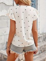 Kadın Kısa Kelebek Kollu Bisiklet Yaka Kalp Desenli Süprem Bluz