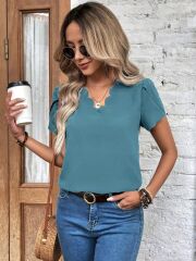 Kadın Kısa Kollu Lazer V Yakalı Ithal Krep Bluz