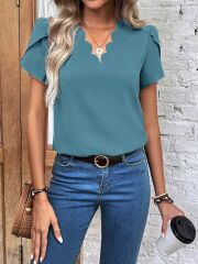 Kadın Kısa Kollu Lazer V Yakalı Ithal Krep Bluz