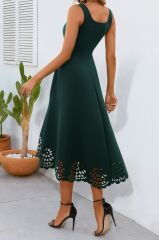 Kadın Askılı Geometrik Yaka çiçek Lazer Kesim Ithal Krep Elbise