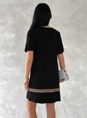 Kadın Kısa Kollu V Yakalı Etnik Desen şerit Detaylı Viskon Elbise