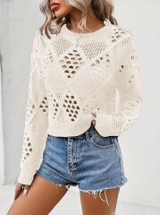Kadın Uzun Kollu Yuvarlak Yaka Delik Desenli Triko Bluz