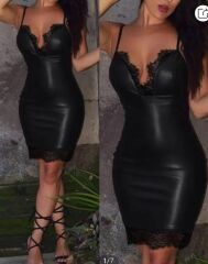 Kadın Ip Askılı Dantel Ve Glop Detay Deri Kaplama Mini Elbise