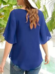 Kadın Kısa Yırtmaç Kollu Yuvarlak Yaka şifon Bluz