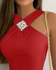 Kadın Yakası önden çaprazlı Taş Detaylı Viskon Bluz