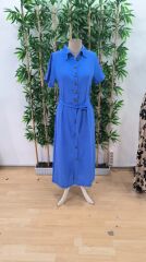 Kadın Kısa Kollu Yakalı önden Düğmeli Beli Kuşaklı Ithal Keten Elbise