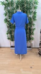 Kadın Kısa Kollu Yakalı önden Düğmeli Beli Kuşaklı Ithal Keten Elbise