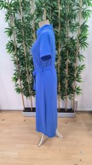 Kadın Kısa Kollu Yakalı önden Düğmeli Beli Kuşaklı Ithal Keten Elbise