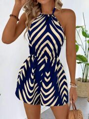 Kadın Boyundan Askılı Halter Yakalı Desenli Süprem Tulum