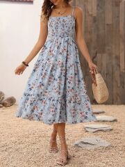 Kadın Ip Askılı Geniş V Yakalı Desenli Uzun Süprem Elbise