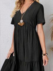 Kadın Kısa Kollu V Yakalı Fırfırlı Bürümcük Elbise