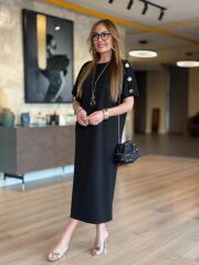 Kadın Kısa Kollu Bisiklet Yaka Omuzdan Düğmeli Uzun Viskon Iki Iplik Elbise