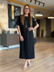 Kadın Kısa Kollu Bisiklet Yaka Omuzdan Düğmeli Uzun Viskon Iki Iplik Elbise