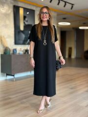 Kadın Kısa Kollu Bisiklet Yaka Omuzdan Düğmeli Uzun Viskon Iki Iplik Elbise