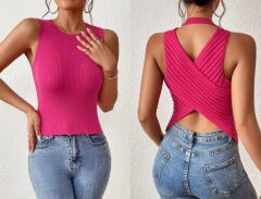 Kadın Sıfır Kol Sırt çapraz Detay Triko Bluz