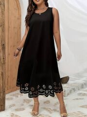 Kadın Kolsuz Etek Ucu Lazer Kesim çiçek Desenli Midi Boy Janjan Krep Elbise