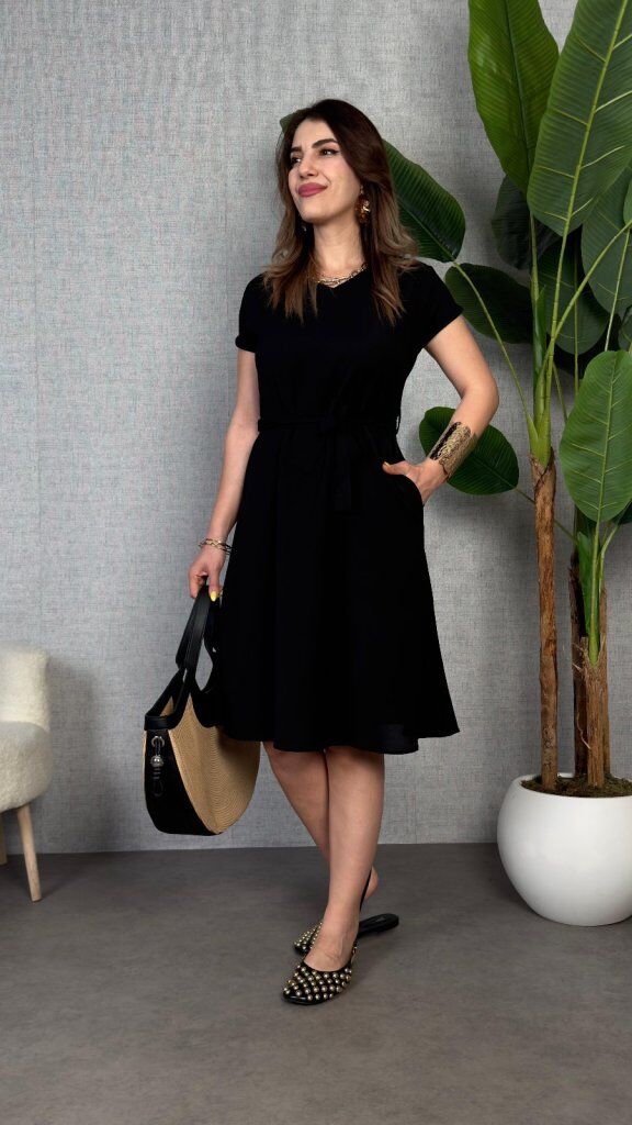 Kadın Kısa Kollu V Yakalı Beli Kuşaklı Ithal Keten Elbise