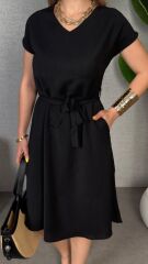 Kadın Kısa Kollu V Yakalı Beli Kuşaklı Ithal Keten Elbise