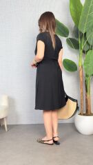 Kadın Kısa Kollu V Yakalı Beli Kuşaklı Ithal Keten Elbise