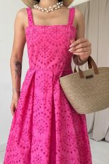 Fuşya Askılı Aparatlı Brode Elbise