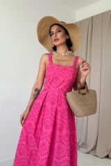 Fuşya Askılı Aparatlı Brode Elbise