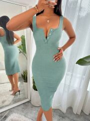 Kadın Askılı önü Düğmeli Midi Kaşkorse Elbise