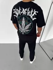 Unisex Bisiklet Yaka Baskılı Oversize T-Shirt - Siyah