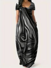 Kadın Kısa Kollu Yuvarlak Yaka Cepli Salaş Baskılı Süprem Elbise