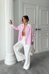 YAKA VE MANŞET BEYAZBOYFRİEND ÇİZGİLİPOPLİN GÖMLEK - Pembe