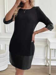Kadın Uzun Kollu Bisiklet Yaka Deri Detaylı Ithal Krep Elbise