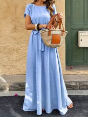 Kadın Kısa Kollu Kayık Yaka Beli Kuşaklı Aerobin Elbise