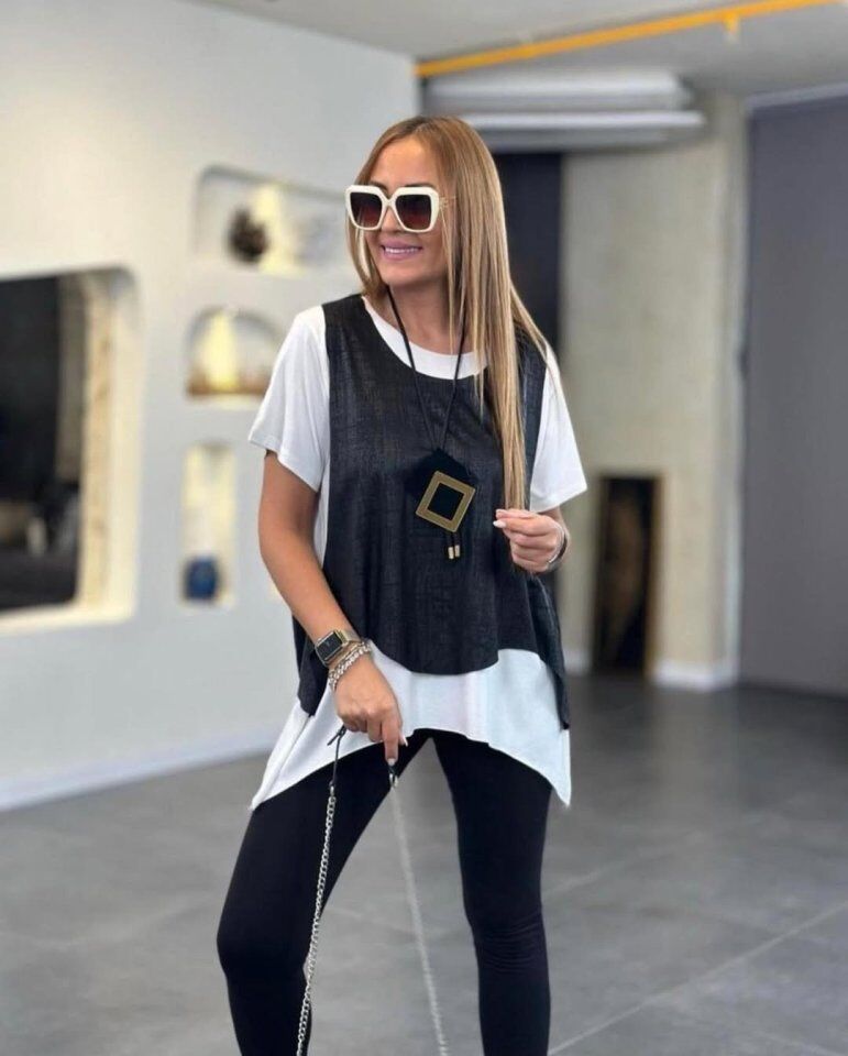 Kadın Kısa Kollu Bisiklet Yaka Yelek Bluz Asimetrik Kesim İkili Takım