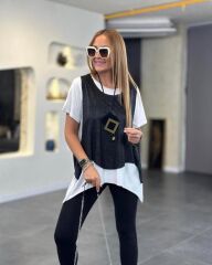 Kadın Kısa Kollu Bisiklet Yaka Yelek Bluz Asimetrik Kesim İkili Takım