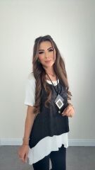 Kadın Kısa Kollu Bisiklet Yaka Yelek Bluz Asimetrik Kesim İkili Takım