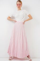 Uzun Kırışık Etek 8042 - Pudra