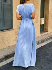 Kadın Kısa Kollu Kayık Yaka Beli Kuşaklı Aerobin Elbise