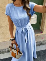 Kadın Kısa Kollu Kayık Yaka Beli Kuşaklı Aerobin Elbise