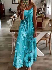 Kadın Askılı Yuvarlak Yaka Etek Geniş Kesim Desenli Süprem Elbise